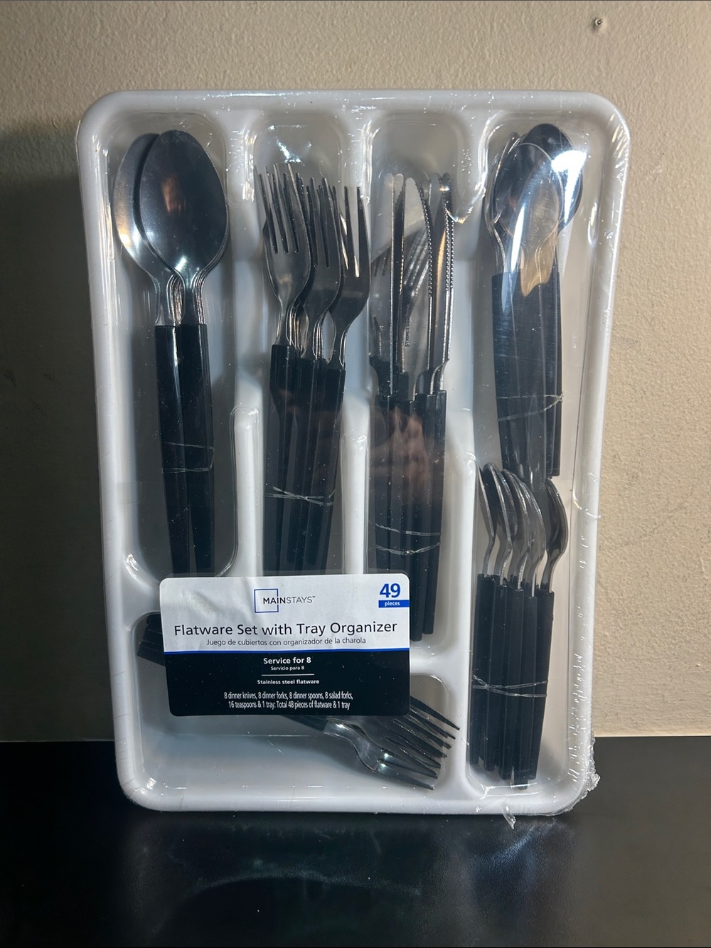 Mainstays Black and Silver Flatware Set with Tray Organizer - 49 Pc